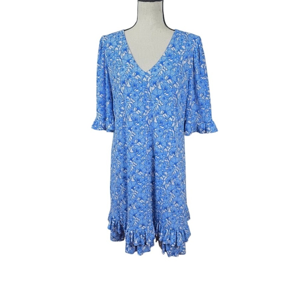 CeCe Floral Shift Dress Women Large Blue Ruffle Sleeve V-Neck Ruffle Hem